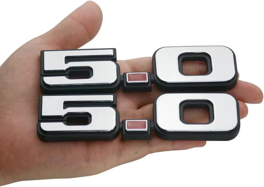 2Pc 5.0 Emblem Liter Door 3D Fender Side Adhesive for 1979-1993 (Silver Red)